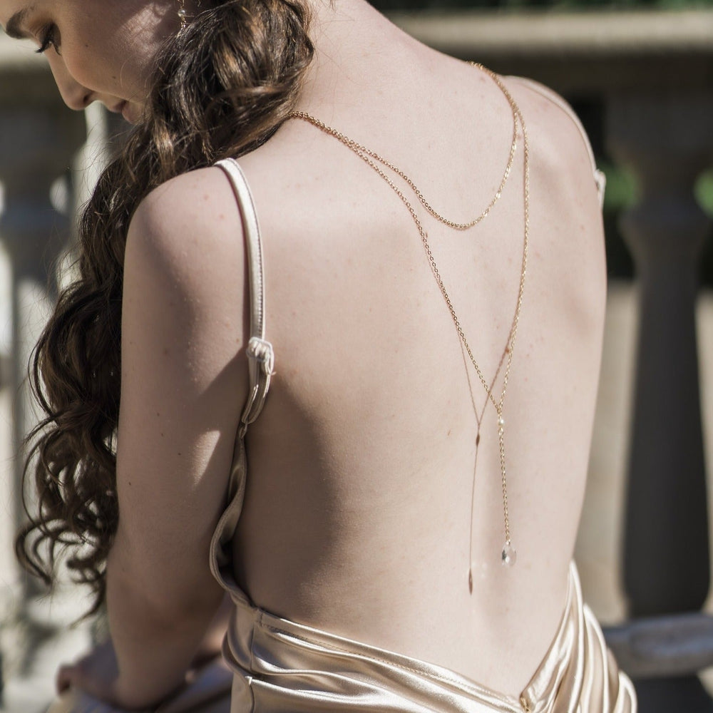 crystal teardrop back necklace for gold wedding dress. made in toronto canada by Blair nadeau bridal adornments
